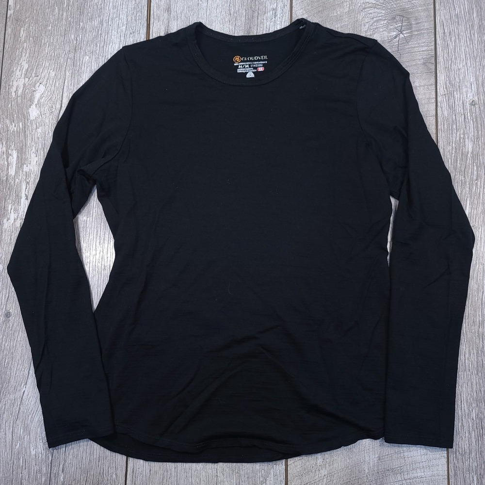 Cloudveil Base Layer Top Womens M Black 100% Merino Wool Long Sleeve 1142102